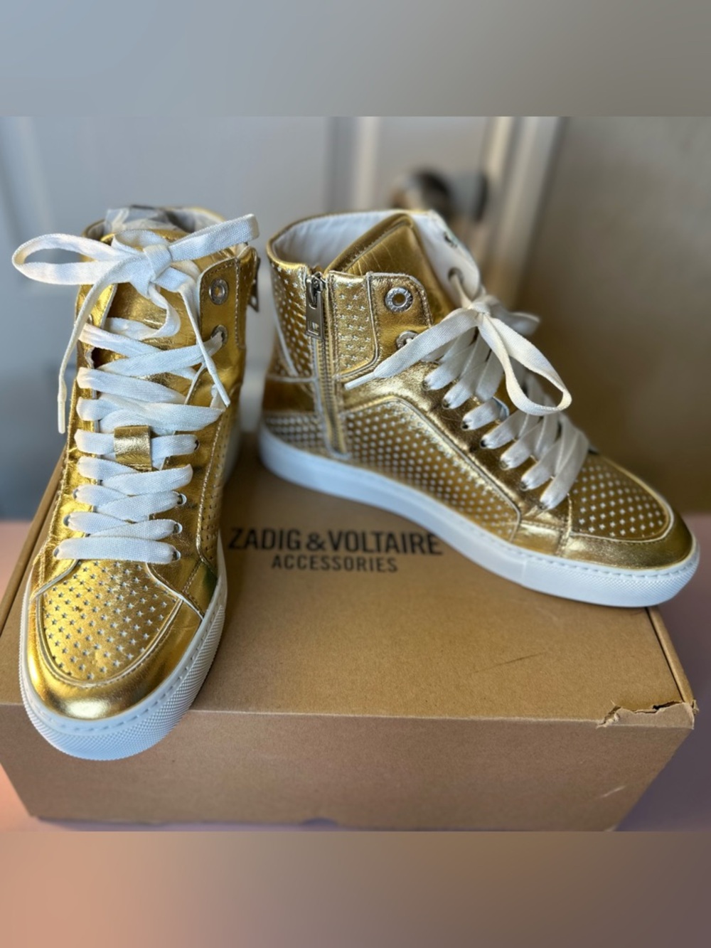 Zadig & Voltaire Metallic Gold Star-Perforated High-Top Sneakers - Picture 4 of 6